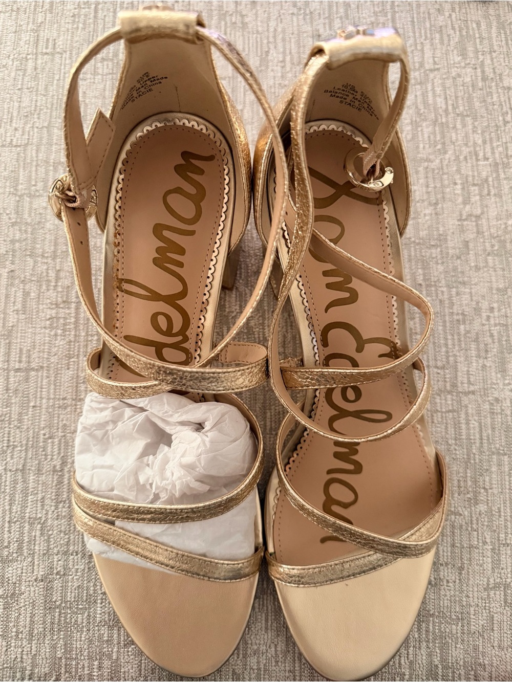 Sam Edelman Metallic Gold Strappy Heeled Sandals with Cream Toe